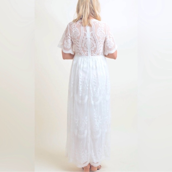 Pink Blush Lace Maternity White Maxi Dress with Sheer Flutter Sleeves - Picture 3 of 10